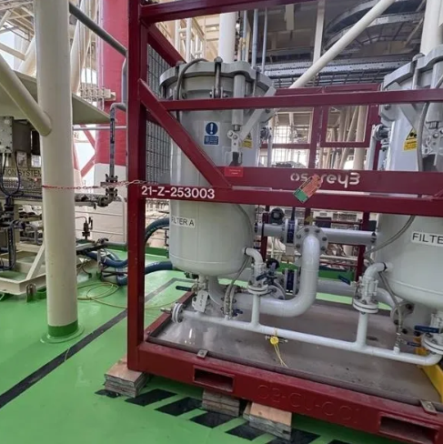 Filtration and water treatment skid with vessels and valves on a process plant