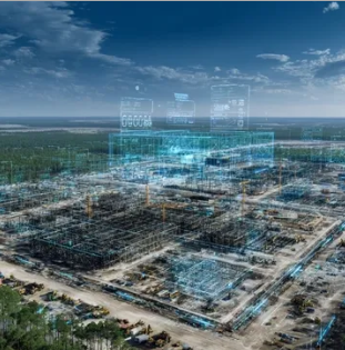 Aerial view of a large industrial construction site with digital data overlays